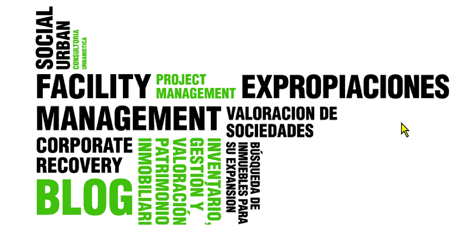 En la imagen se lee en diferentes posiciones: Social Urban, Consultoría Urbanística. Facility Management, Project Management, Valoraciones de sociedades, Expropiaciones, Corporate Recovery, Blog, Busqueda de inmuebles para su expansión, Inventario, Gestión y valoración de patrimonio inmobiliario