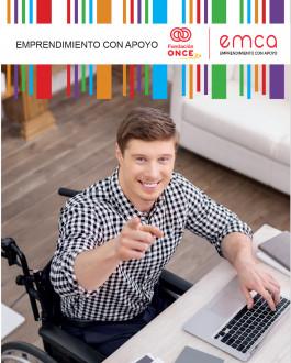 Cartel promocional de emca - emprendimiento con apoyo donde se muestra a un chico sonriendo al lado de un portátil